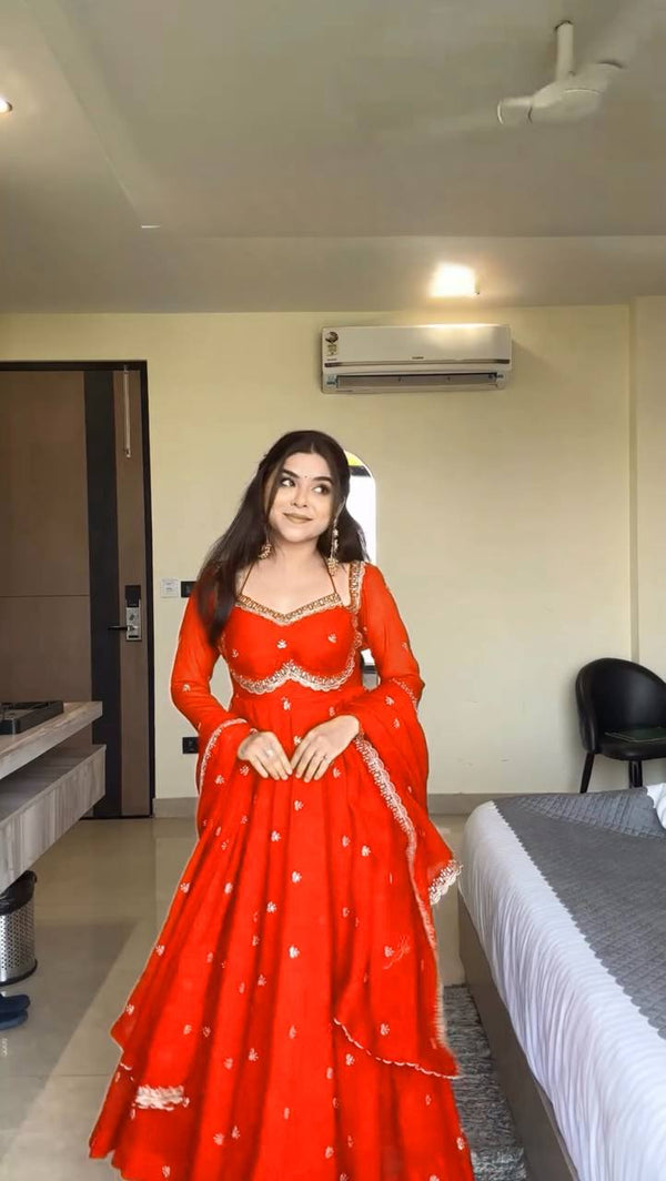 Neha's Orange Color Faux Georgette Anarkali Gown Set