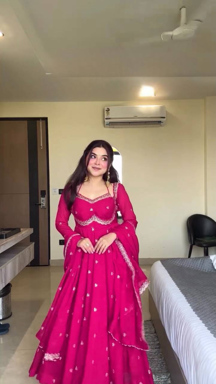 Neha's Pink Color Faux Georgette Anarkali Gown Set
