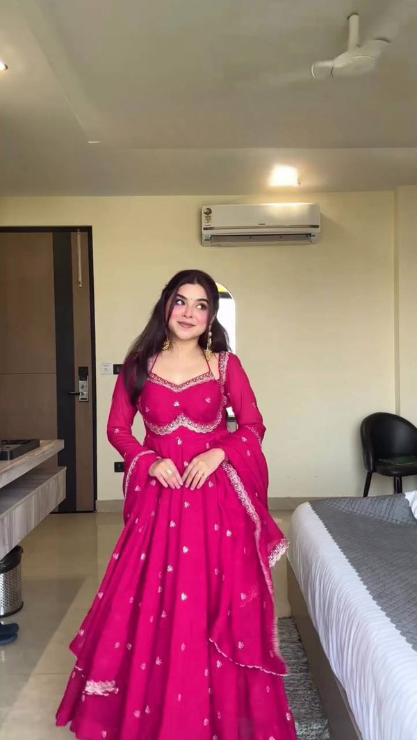 Neha's Pink Color Faux Georgette Anarkali Gown Set