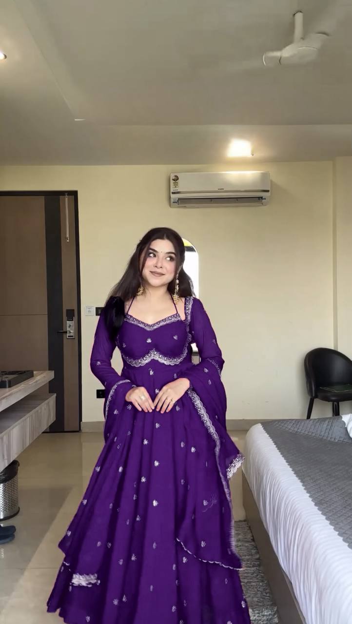 Neha's Purple Color Faux Georgette Anarkali Gown Set
