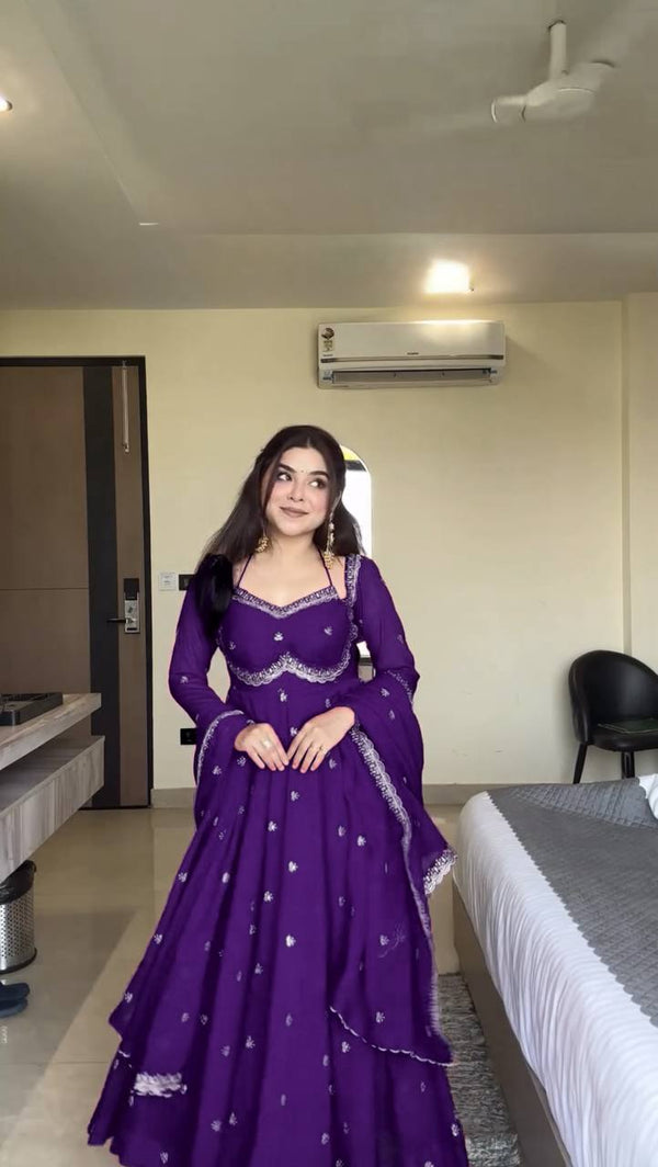 Neha's Purple Color Faux Georgette Anarkali Gown Set