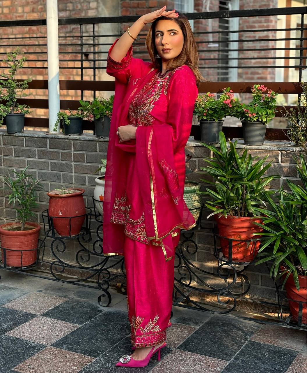 Casual Wear Pink Color Pure Heavy Chinnon Silk With Heavy Embroidery Sequence Work Kurta Set