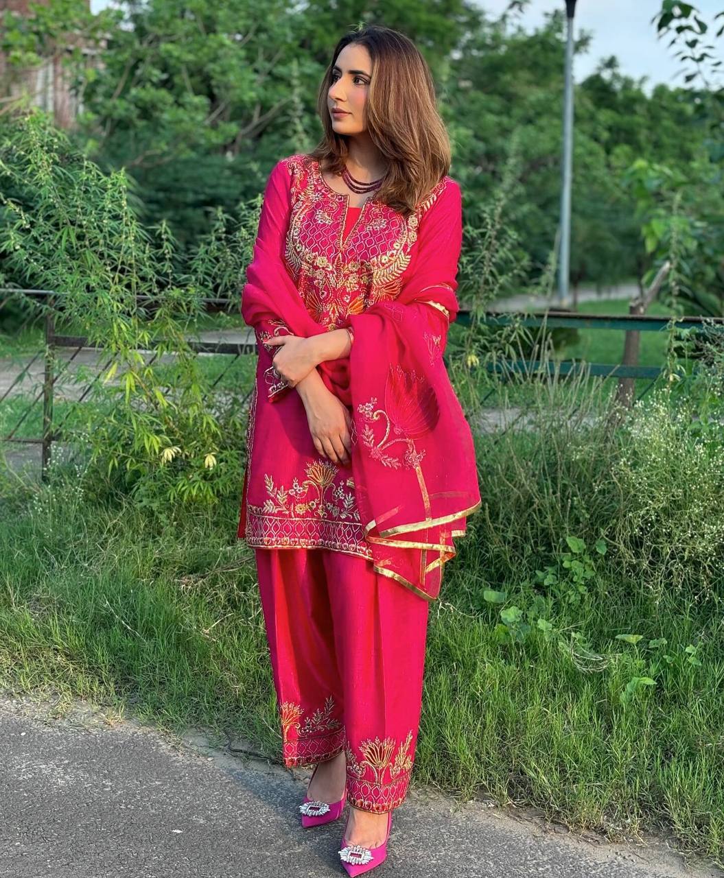 Casual Wear Pink Color Pure Heavy Chinnon Silk With Heavy Embroidery Sequence Work Kurta Set