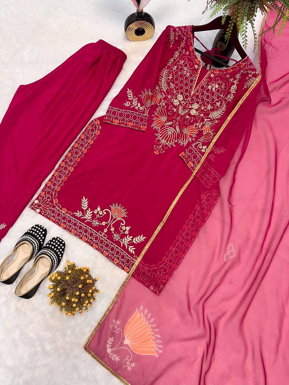 Casual Wear Pink Color Pure Heavy Chinnon Silk With Heavy Embroidery Sequence Work Kurta Set