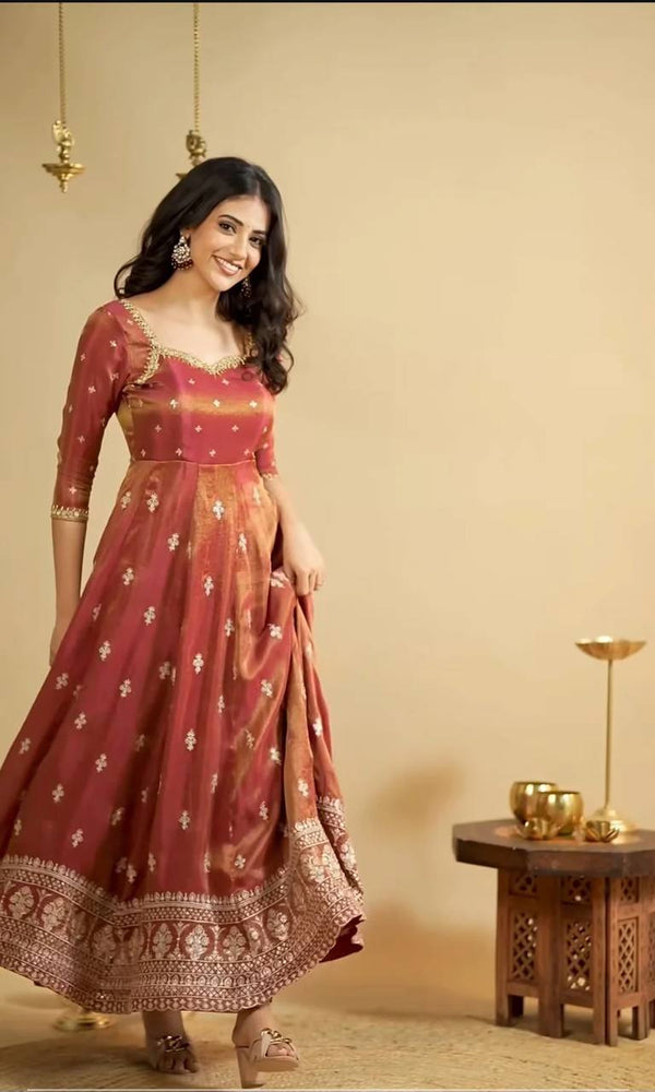 Party Wear Chocolate Color Cosmo With Heavy Sequins Thread Embroidered Work Anarkali Suit