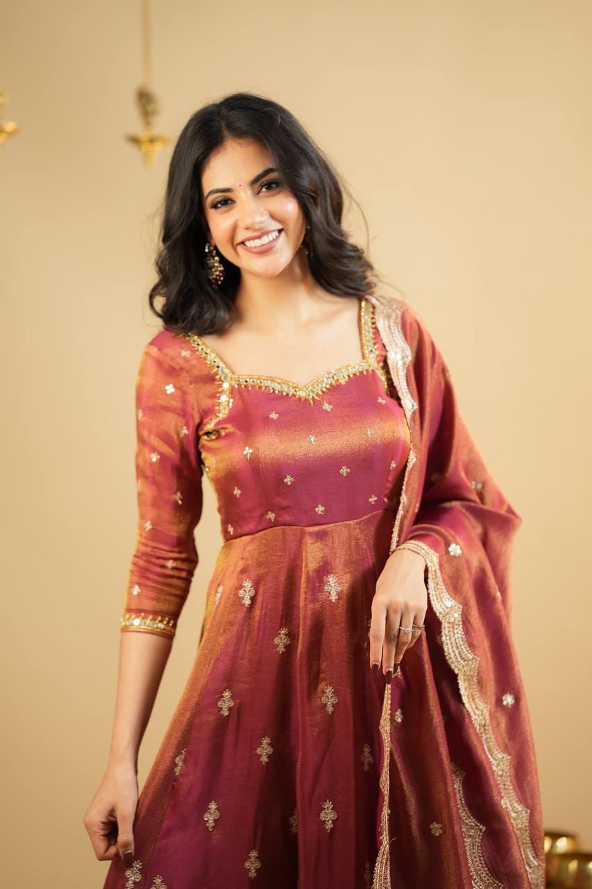 Party Wear Chocolate Color Cosmo With Heavy Sequins Thread Embroidered Work Anarkali Suit