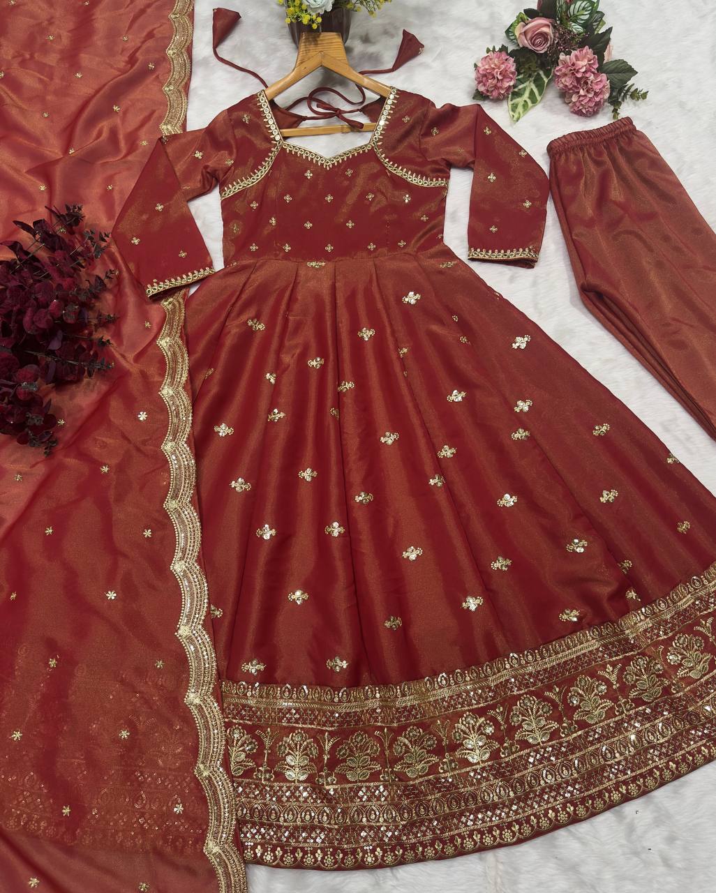 Party Wear Chocolate Color Cosmo With Heavy Sequins Thread Embroidered Work Anarkali Suit