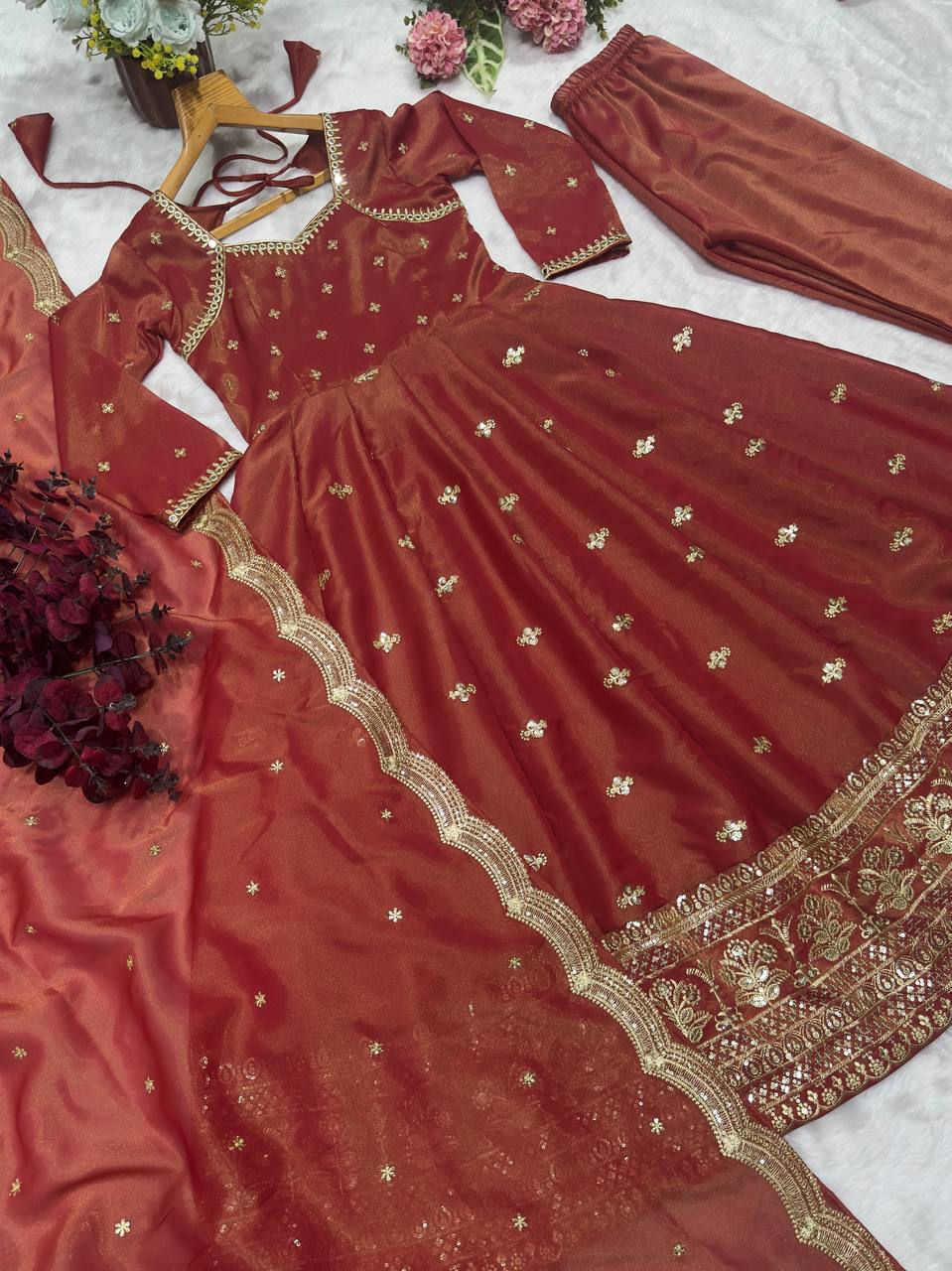 Party Wear Chocolate Color Cosmo With Heavy Sequins Thread Embroidered Work Anarkali Suit
