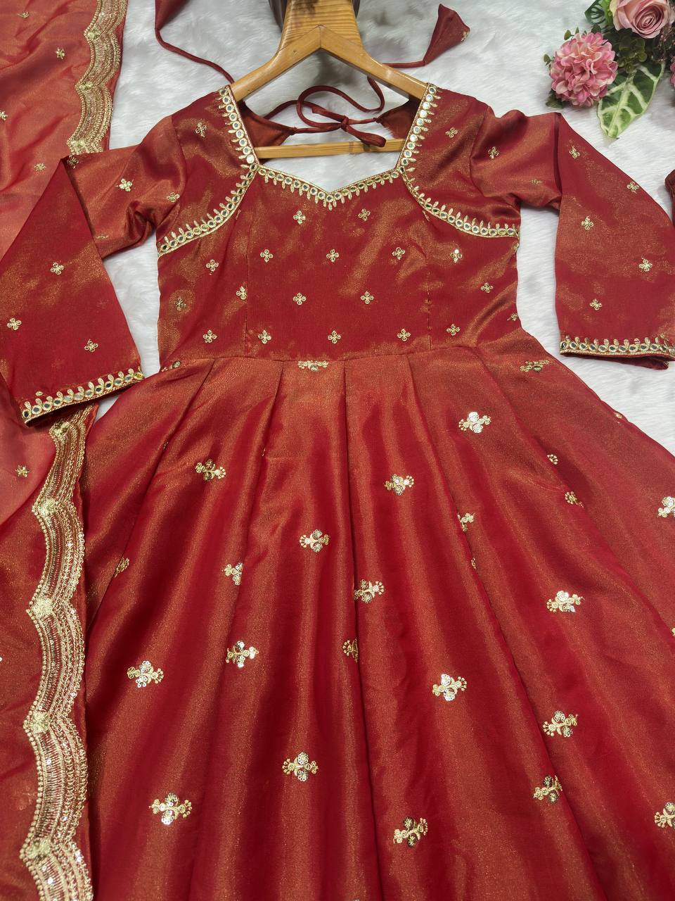 Party Wear Chocolate Color Cosmo With Heavy Sequins Thread Embroidered Work Anarkali Suit