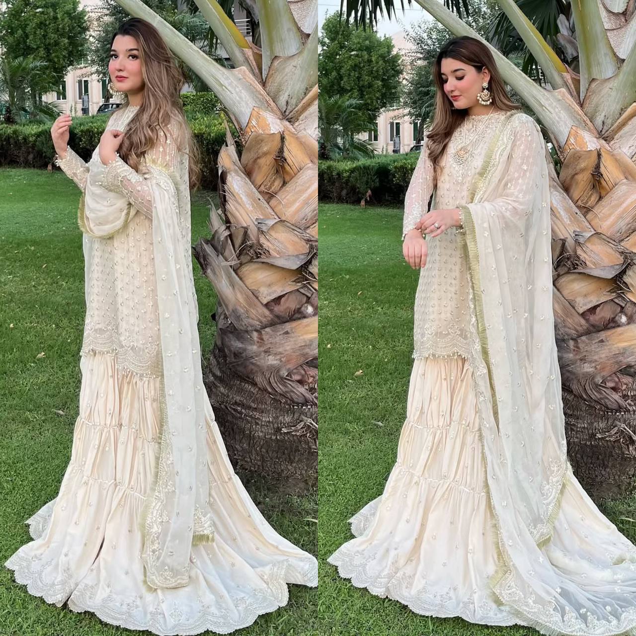 Wedding Wear White Color Heavy Chinon With Heavy Embroidery Sequence Work Sharara Suit
