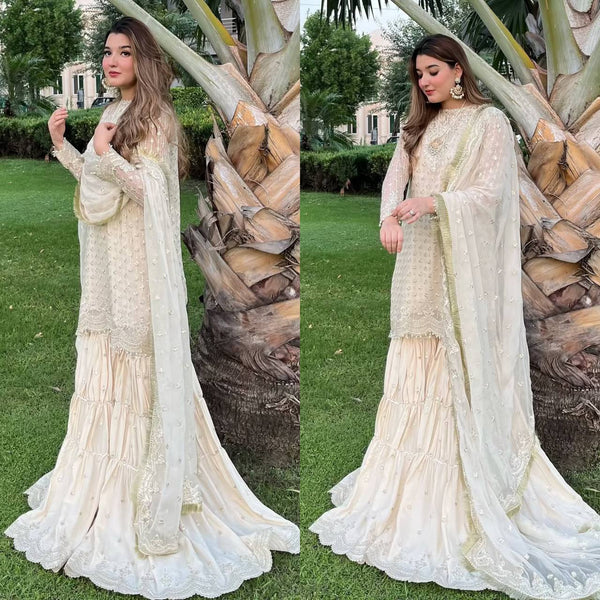 Wedding Wear White Color Heavy Chinon With Heavy Embroidery Sequence Work Sharara Suit