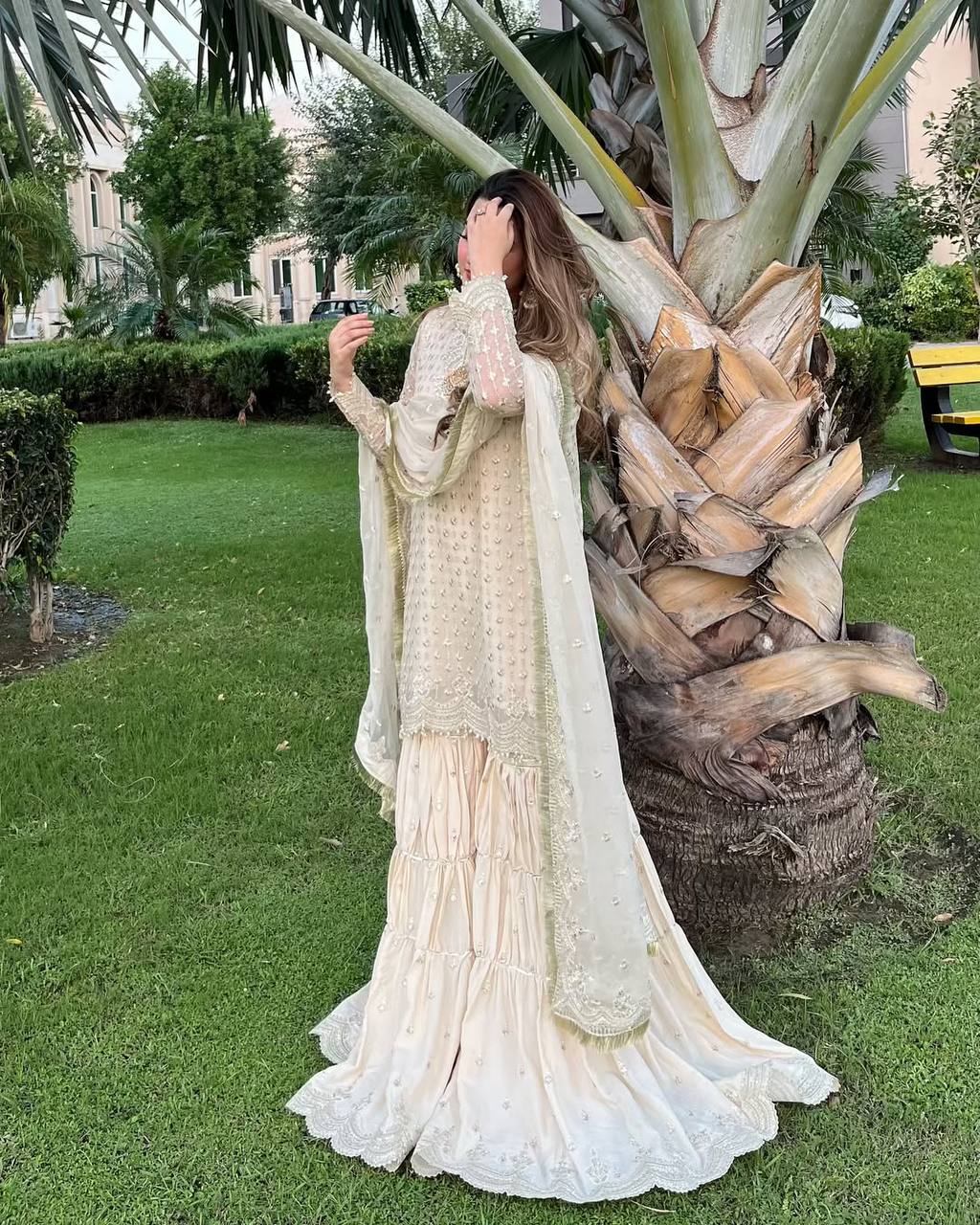 Wedding Wear White Color Heavy Chinon With Heavy Embroidery Sequence Work Sharara Suit