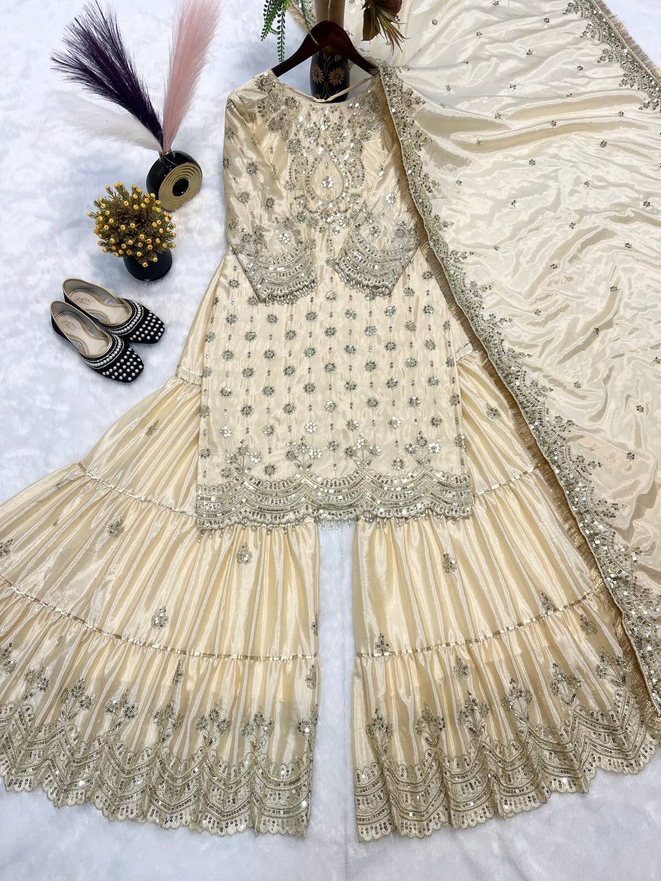Wedding Wear White Color Heavy Chinon With Heavy Embroidery Sequence Work Sharara Suit