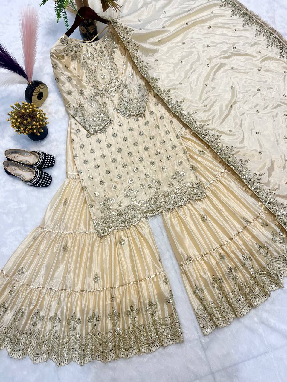 Wedding Wear White Color Heavy Chinon With Heavy Embroidery Sequence Work Sharara Suit