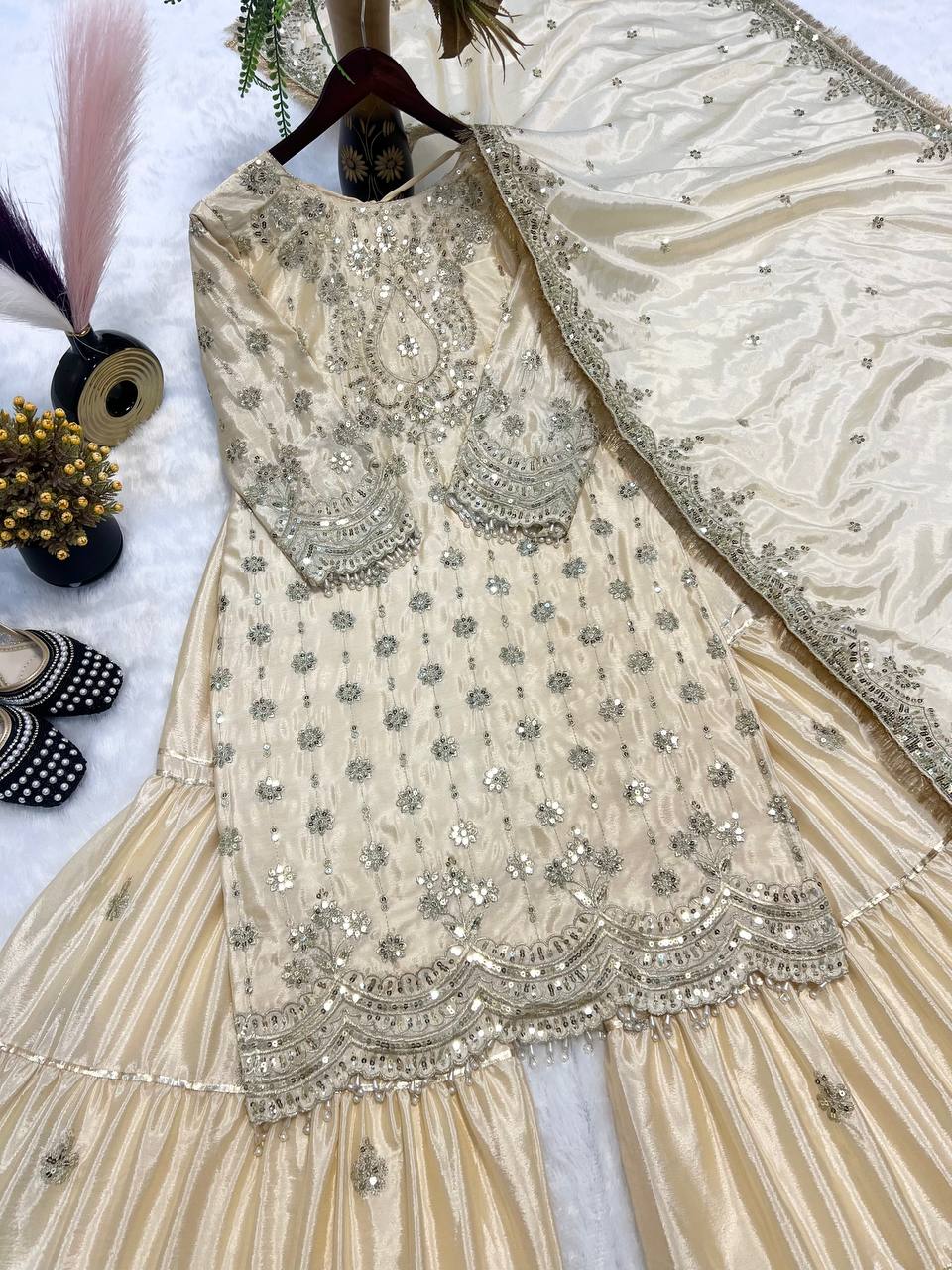 Wedding Wear White Color Heavy Chinon With Heavy Embroidery Sequence Work Sharara Suit