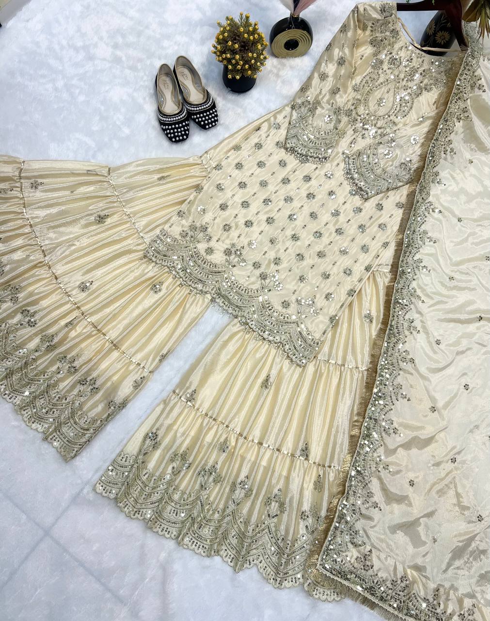 Wedding Wear White Color Heavy Chinon With Heavy Embroidery Sequence Work Sharara Suit