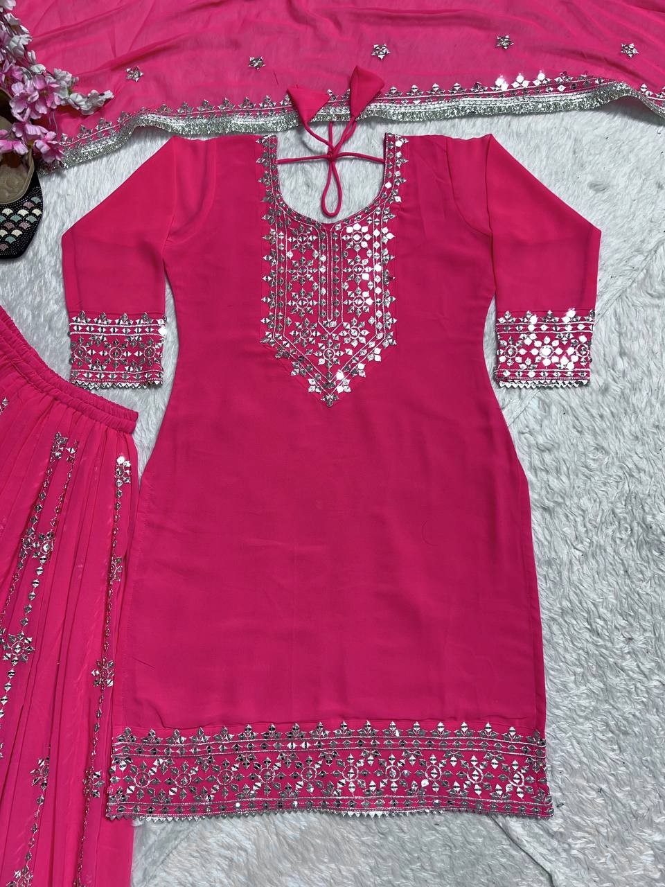 Wedding Wear Pink Heavy Faux Georgette With Embroidery Sequence Work Palazzo Suit