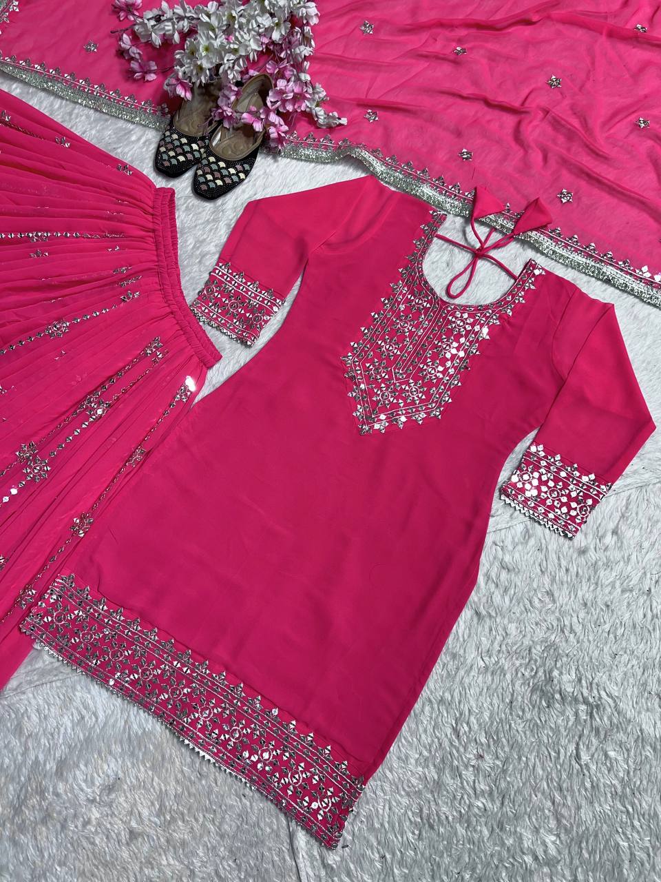 Wedding Wear Pink Heavy Faux Georgette With Embroidery Sequence Work Palazzo Suit