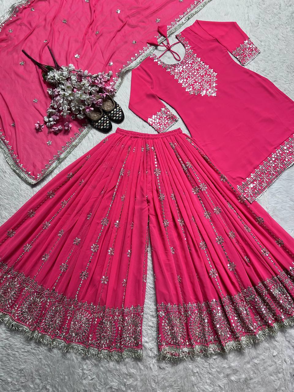Wedding Wear Pink Heavy Faux Georgette With Embroidery Sequence Work Palazzo Suit