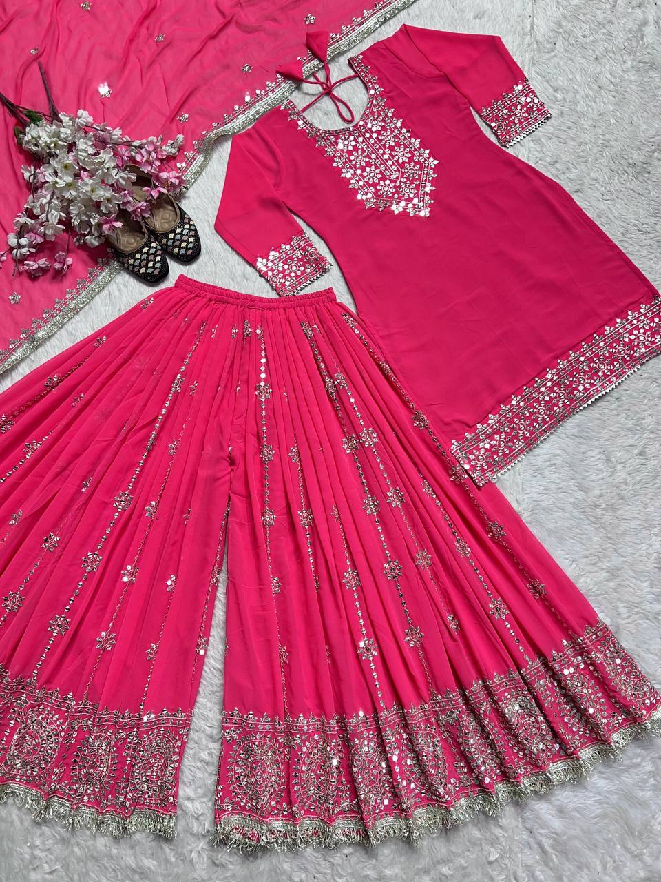 Wedding Wear Pink Heavy Faux Georgette With Embroidery Sequence Work Palazzo Suit