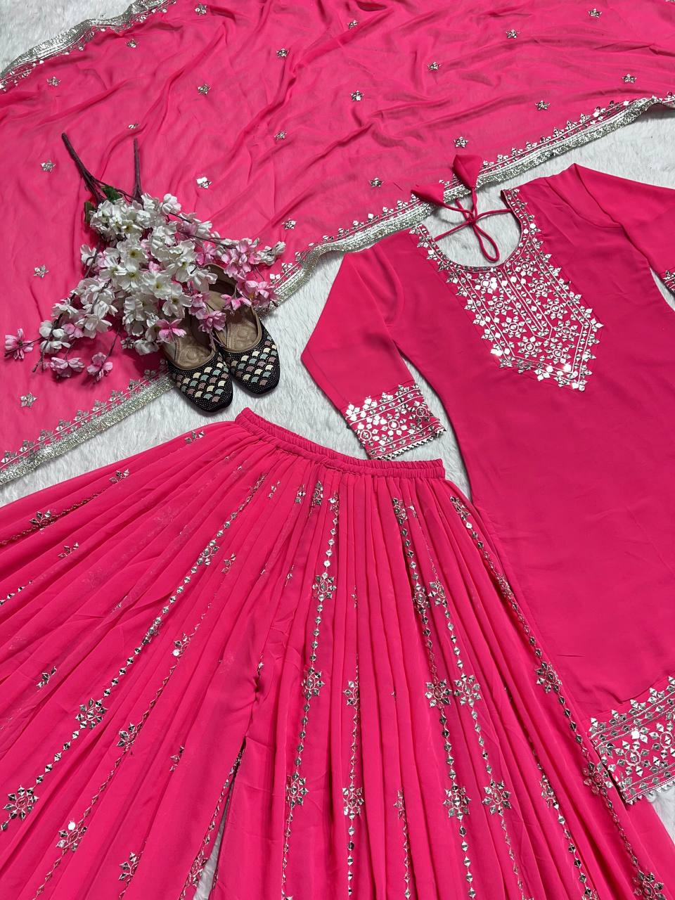 Wedding Wear Pink Heavy Faux Georgette With Embroidery Sequence Work Palazzo Suit