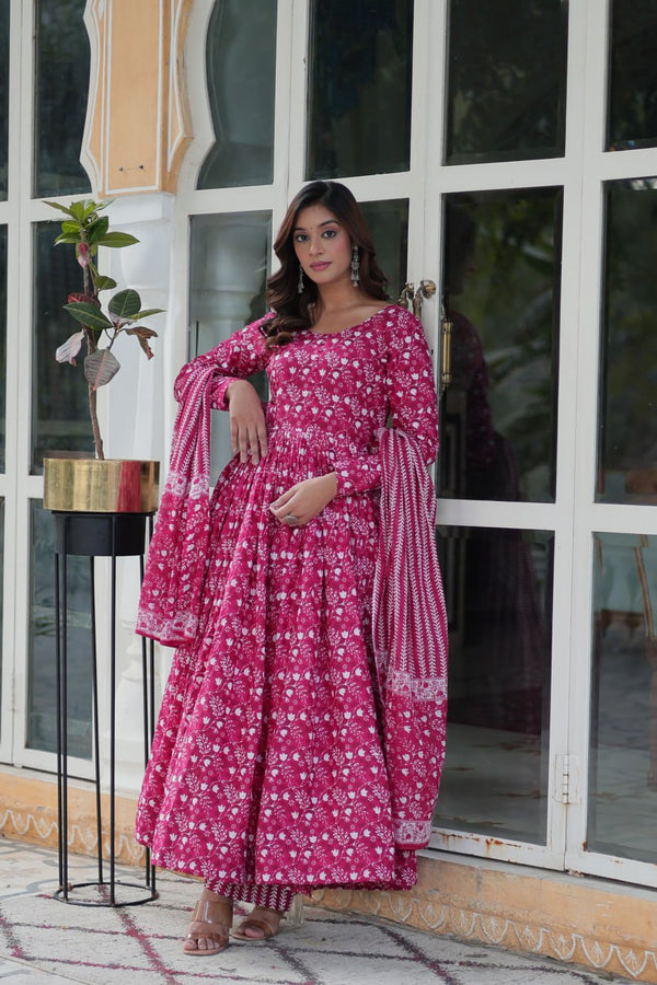 Shining Pink Color Pure Cotton Printed Designer Anarkali Suit