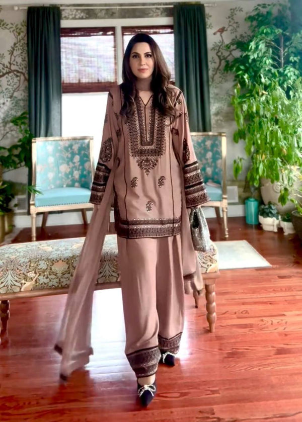 Casual Wear Light Peach Color Heavy Natural Silk Embroidery Work With Mirror Hand Work Palazzo Suit