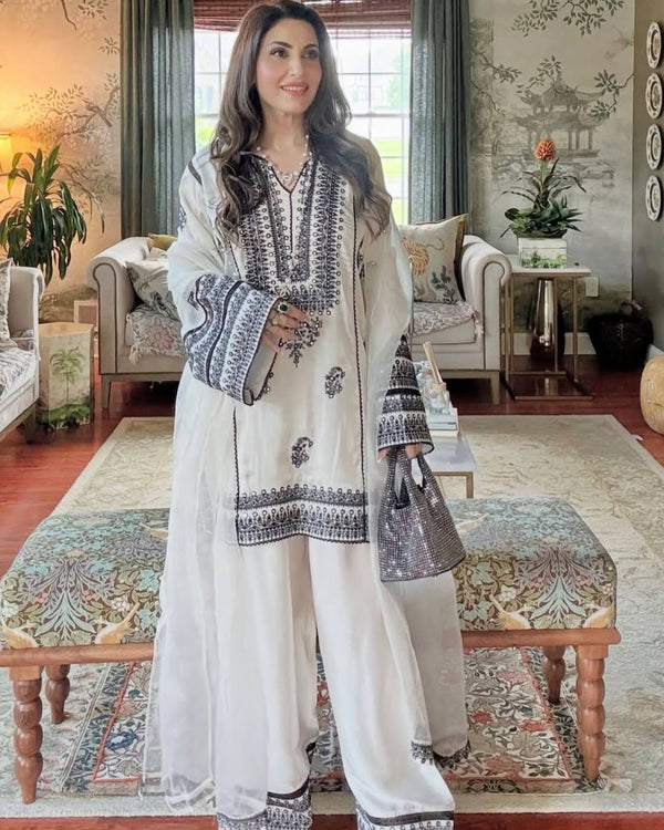 Casual Wear White Color Heavy Natural Silk Embroidery Work With Mirror Hand Work Palazzo Suit