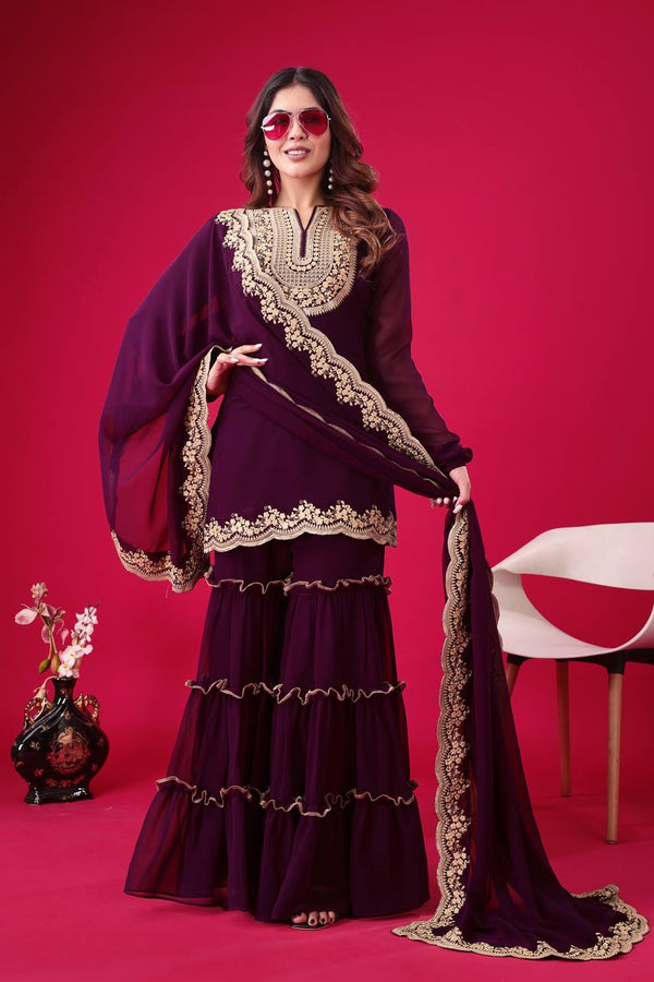 Ravishing Wine Color Blooming Faux Georgette With Heavy Embroidery Sequence Thread Work Palazzo Suit