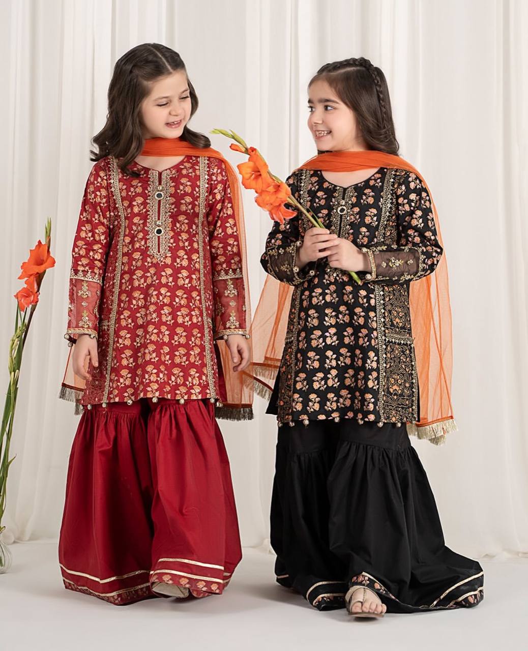 Designer Black and Maroon Color Printed Embroidered Sharara Suit