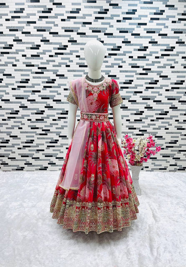 Designer Heavy Faux Georgette Red Color Digital Print Embroidered Sequin Work Gown With Dupatta And Kamar Belt