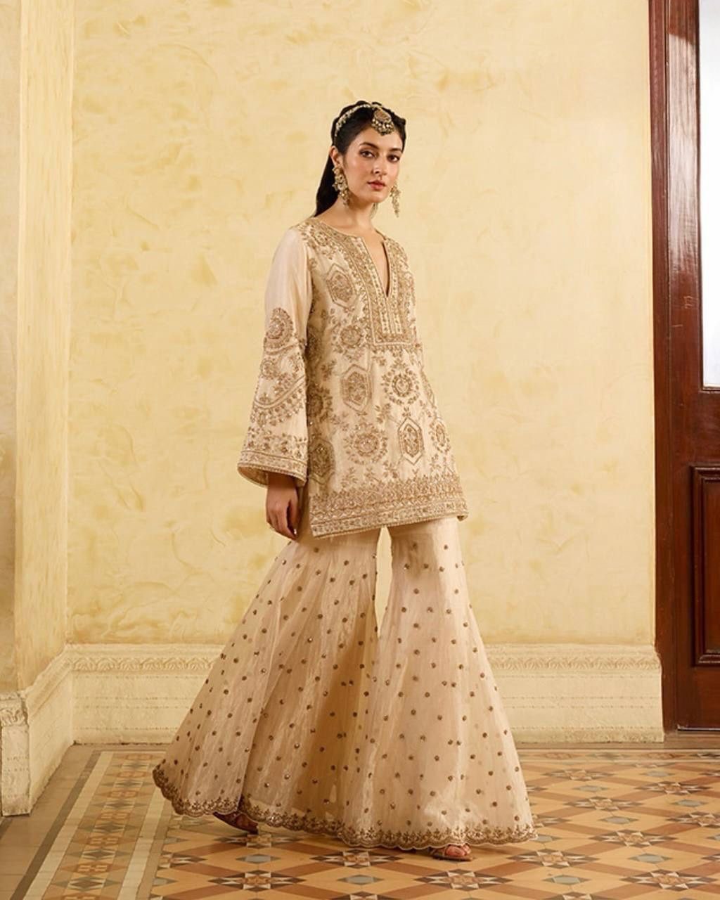 Fabulous Cream Color Chinon Silk And Thread With Sequence Work Palazzo Suit
