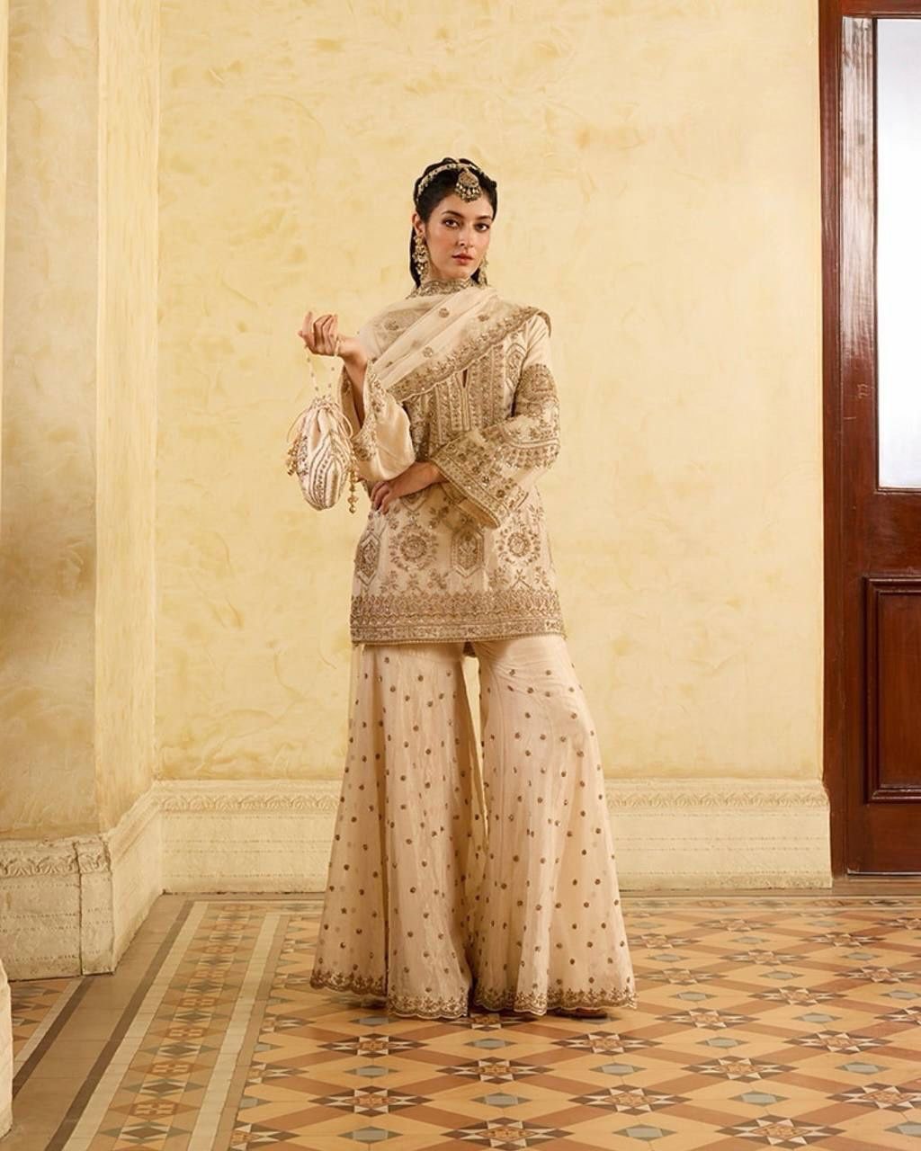 Fabulous Cream Color Chinon Silk And Thread With Sequence Work Palazzo Suit