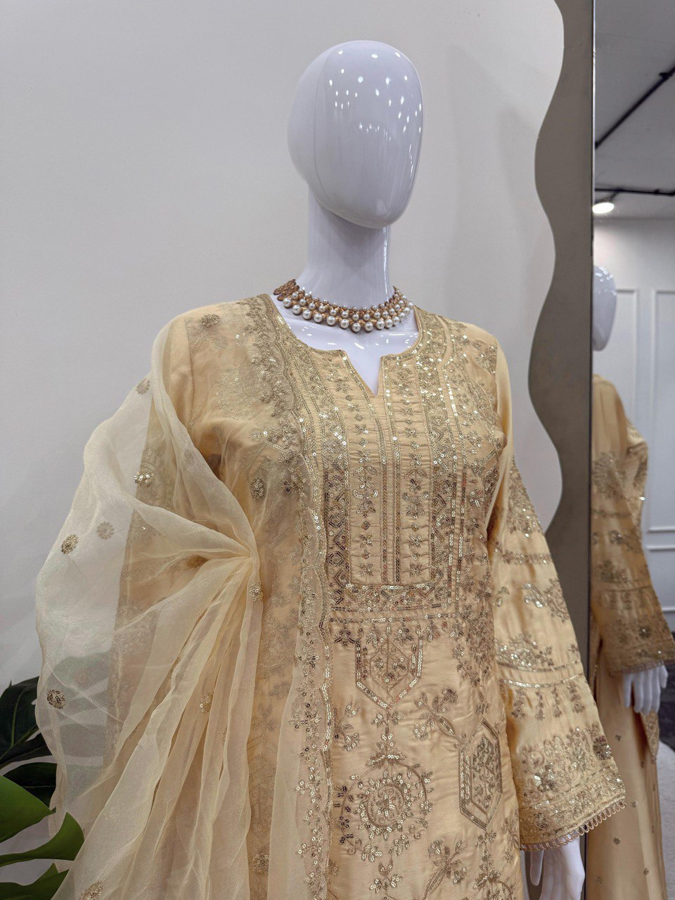 Fabulous Cream Color Chinon Silk And Thread With Sequence Work Palazzo Suit