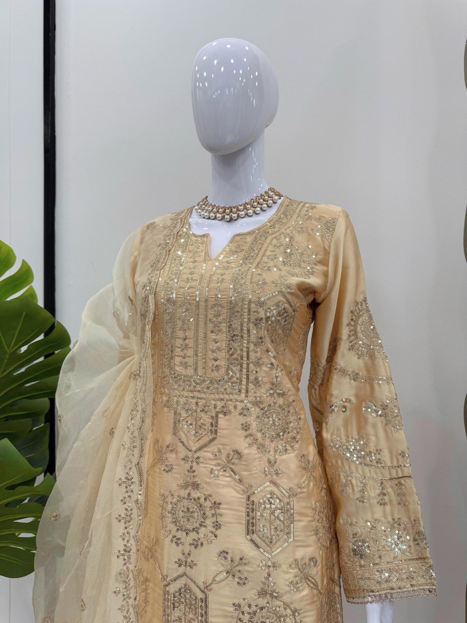 Fabulous Cream Color Chinon Silk And Thread With Sequence Work Palazzo Suit