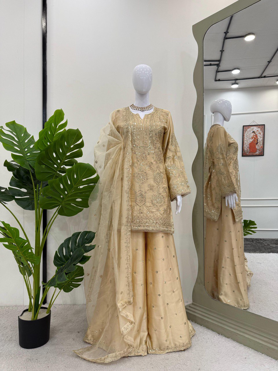 Fabulous Cream Color Chinon Silk And Thread With Sequence Work Palazzo Suit