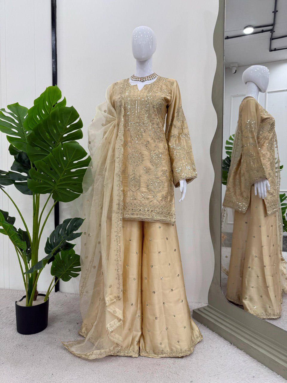 Fabulous Cream Color Chinon Silk And Thread With Sequence Work Palazzo Suit