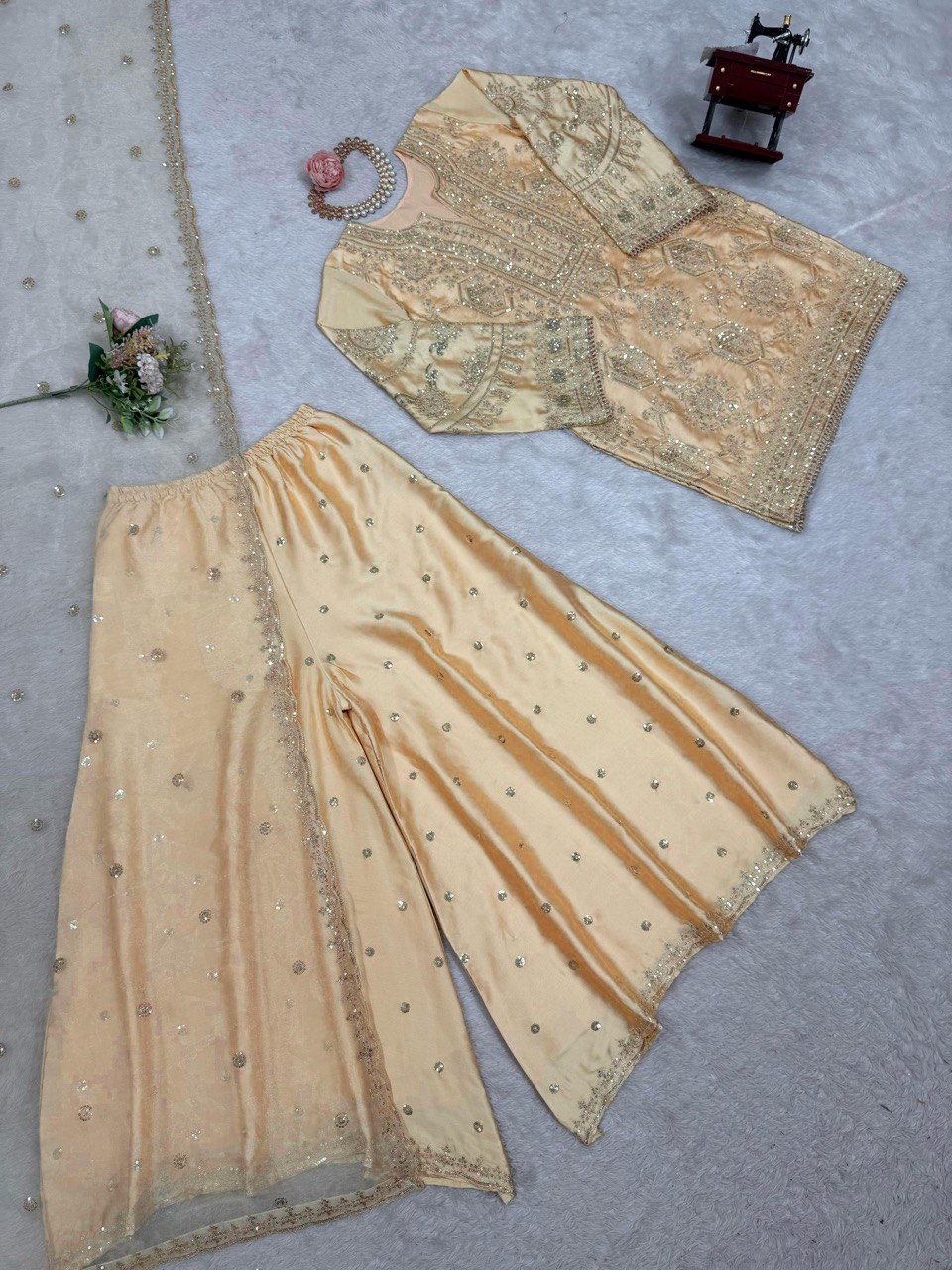Fabulous Cream Color Chinon Silk And Thread With Sequence Work Palazzo Suit