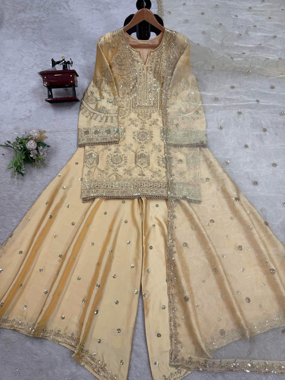 Fabulous Cream Color Chinon Silk And Thread With Sequence Work Palazzo Suit