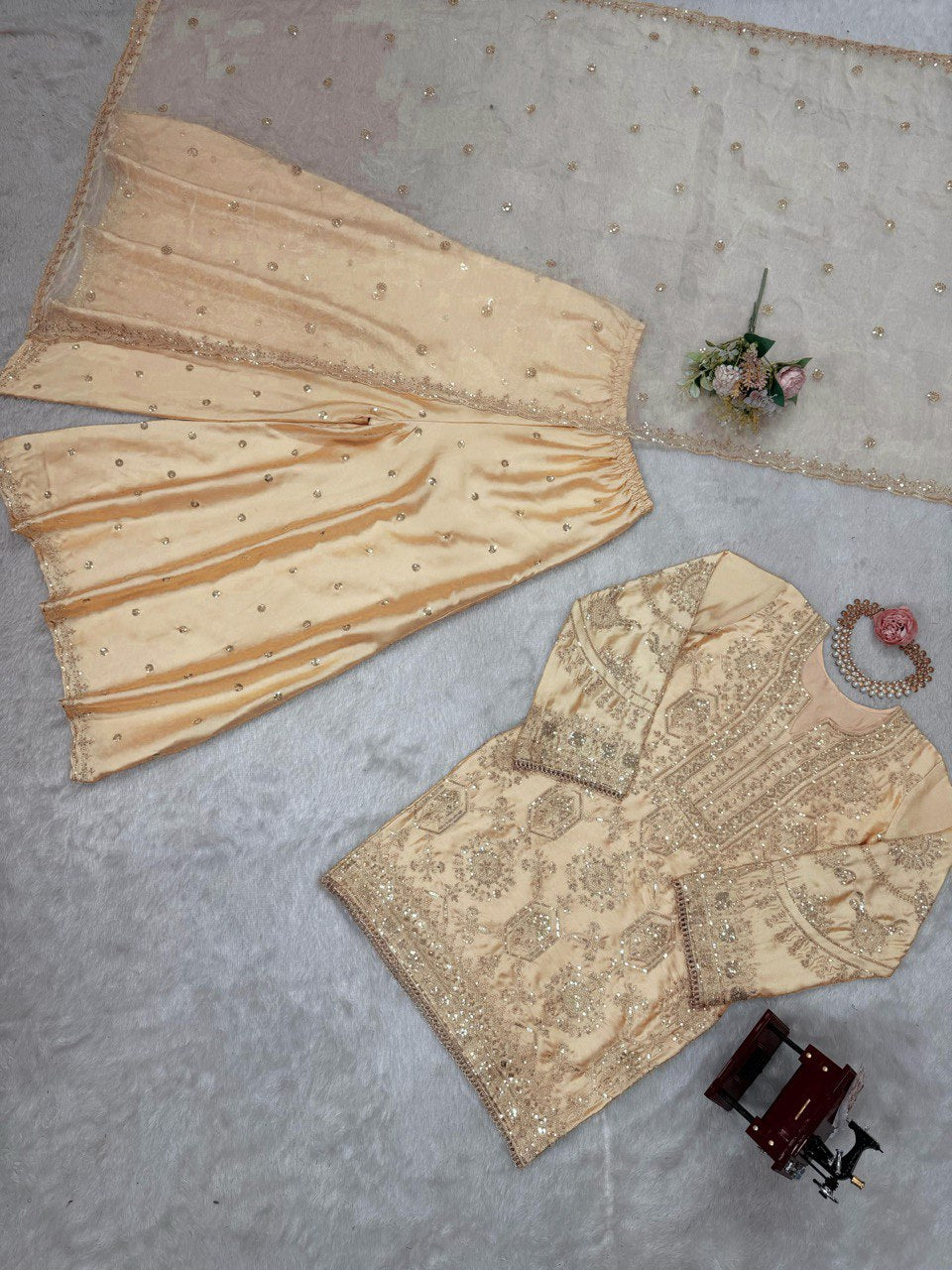 Fabulous Cream Color Chinon Silk And Thread With Sequence Work Palazzo Suit