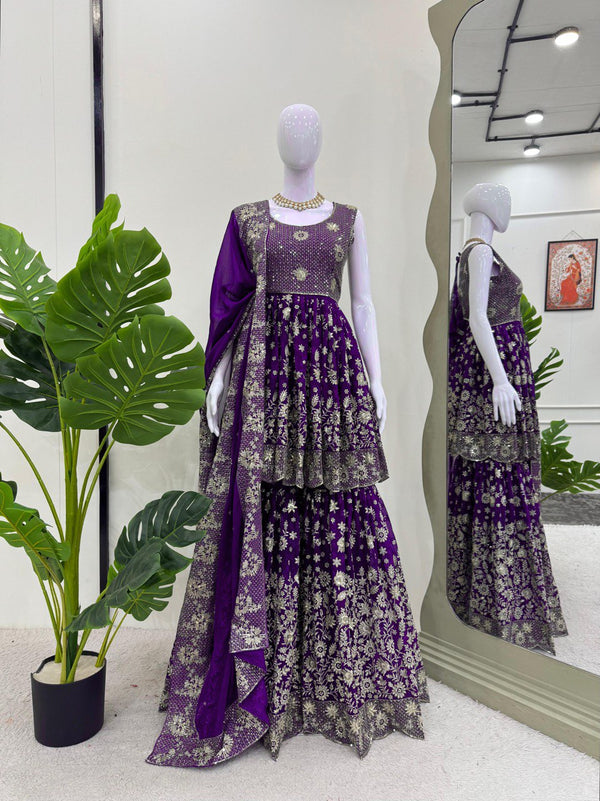 Wedding Wear Purple Color Faux Georgette And Thread With Sequence Work Lehenga Choli