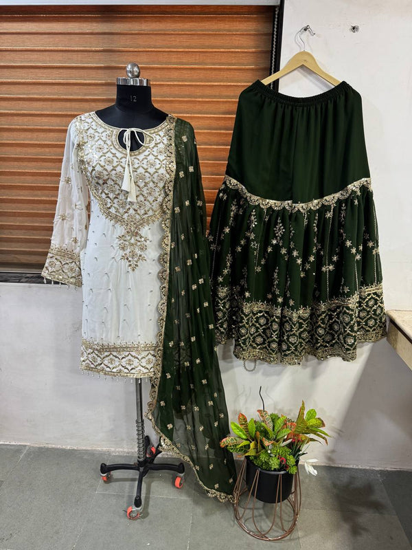 Traditional Wear Green Color Heavy Faux Georgette With Embroidery Sequence Work Sharara Suit