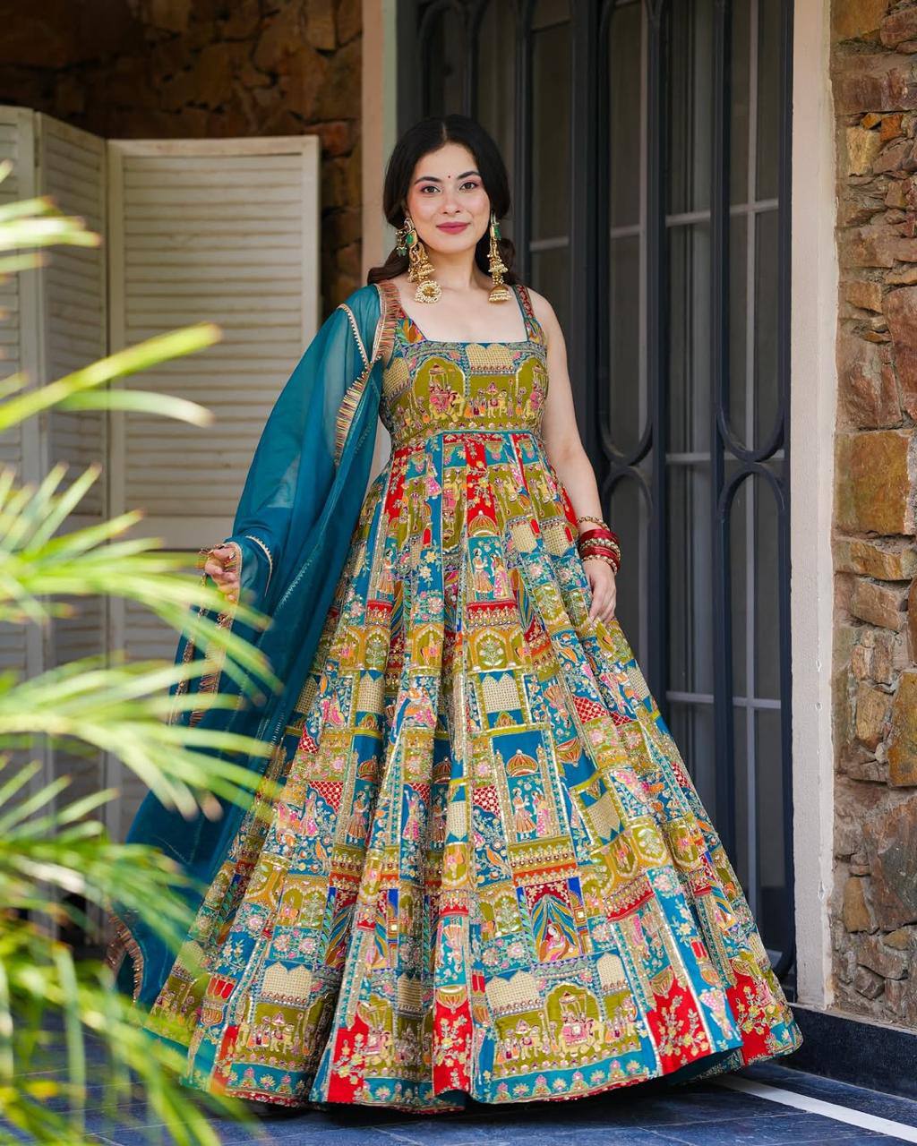 Wedding Wear Multi Color Digital Printed Jimmy Organza Silk Anarkali Gown
