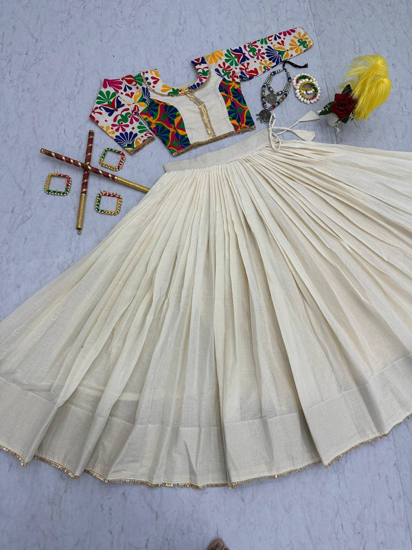 Traditional Wear Off White Color Pure Cotton And Kachchhi Embroidery Work Navratri Lehenga Choli