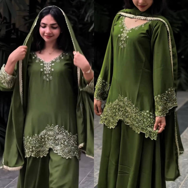 Stunning Green Color Heavy Faux Georgette With Embroidery Beads Work Palazzo Suit