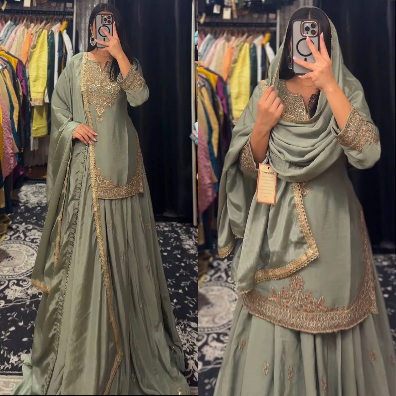 Occasion Wear Mehndi Color Chinnon Silk Multi Needle Embroidery Work Lehenga With Top