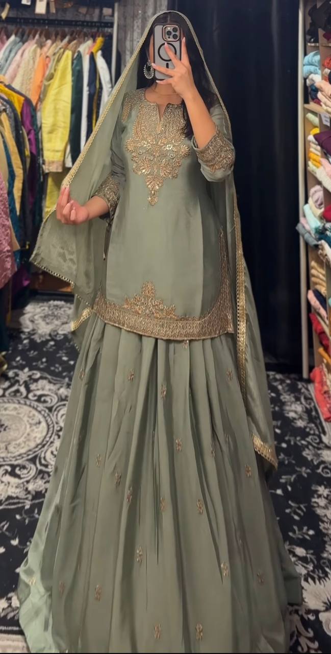 Occasion Wear Mehndi Color Chinnon Silk Multi Needle Embroidery Work Lehenga With Top