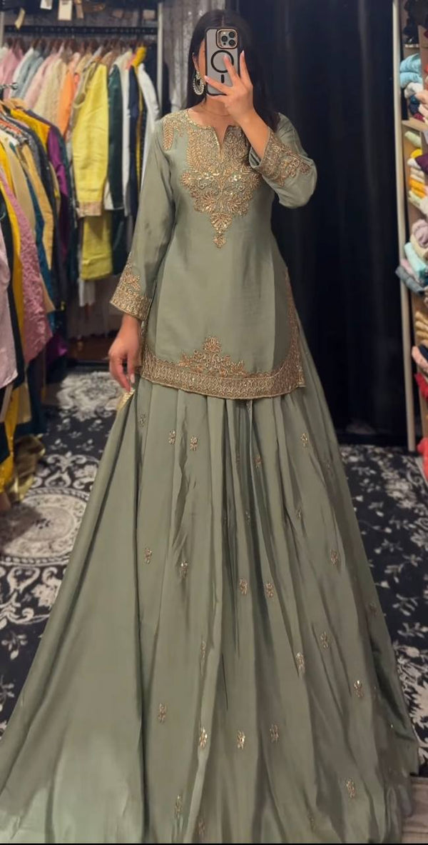 Occasion Wear Mehndi Color Chinnon Silk Multi Needle Embroidery Work Lehenga With Top