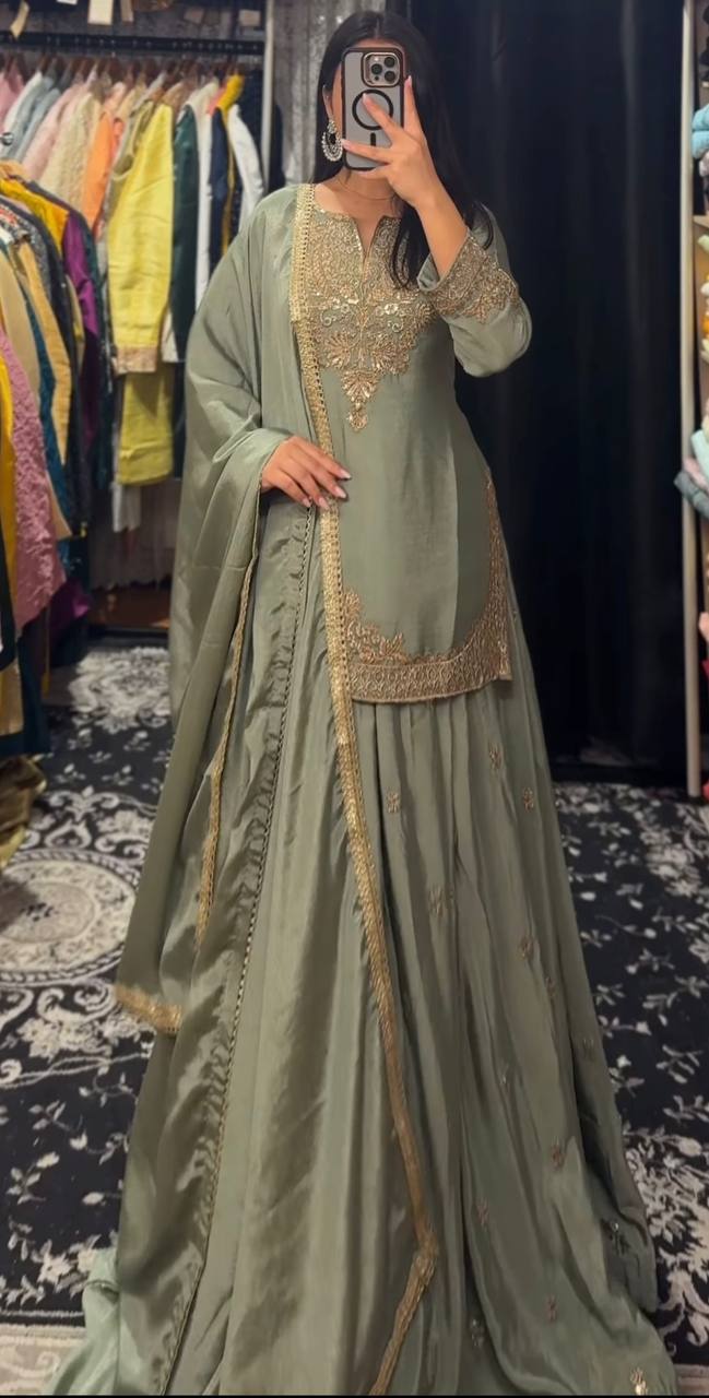 Occasion Wear Mehndi Color Chinnon Silk Multi Needle Embroidery Work Lehenga With Top
