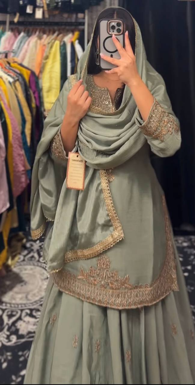 Occasion Wear Mehndi Color Chinnon Silk Multi Needle Embroidery Work Lehenga With Top